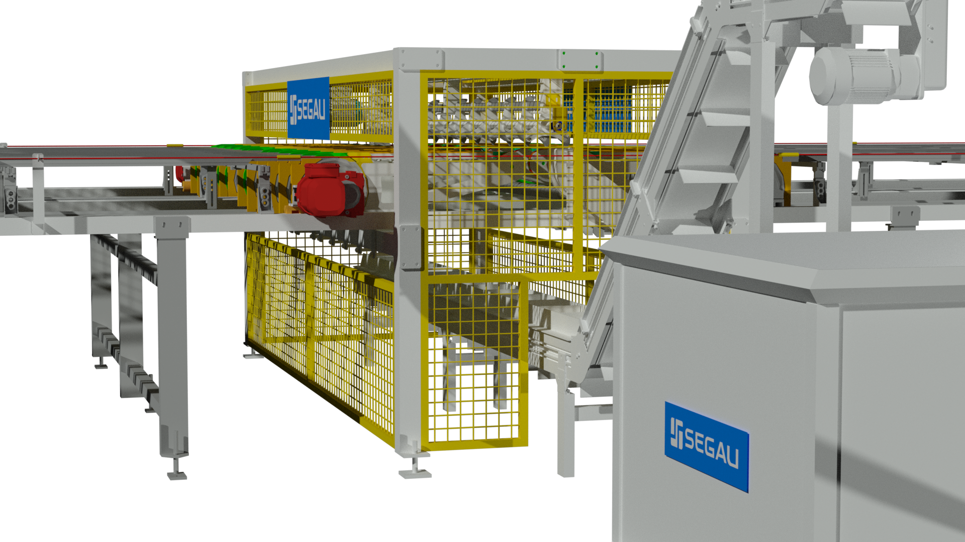 Renderização do quebrador de peças cerâmicas Segau, com proteções e transporte de material para um recipiente.