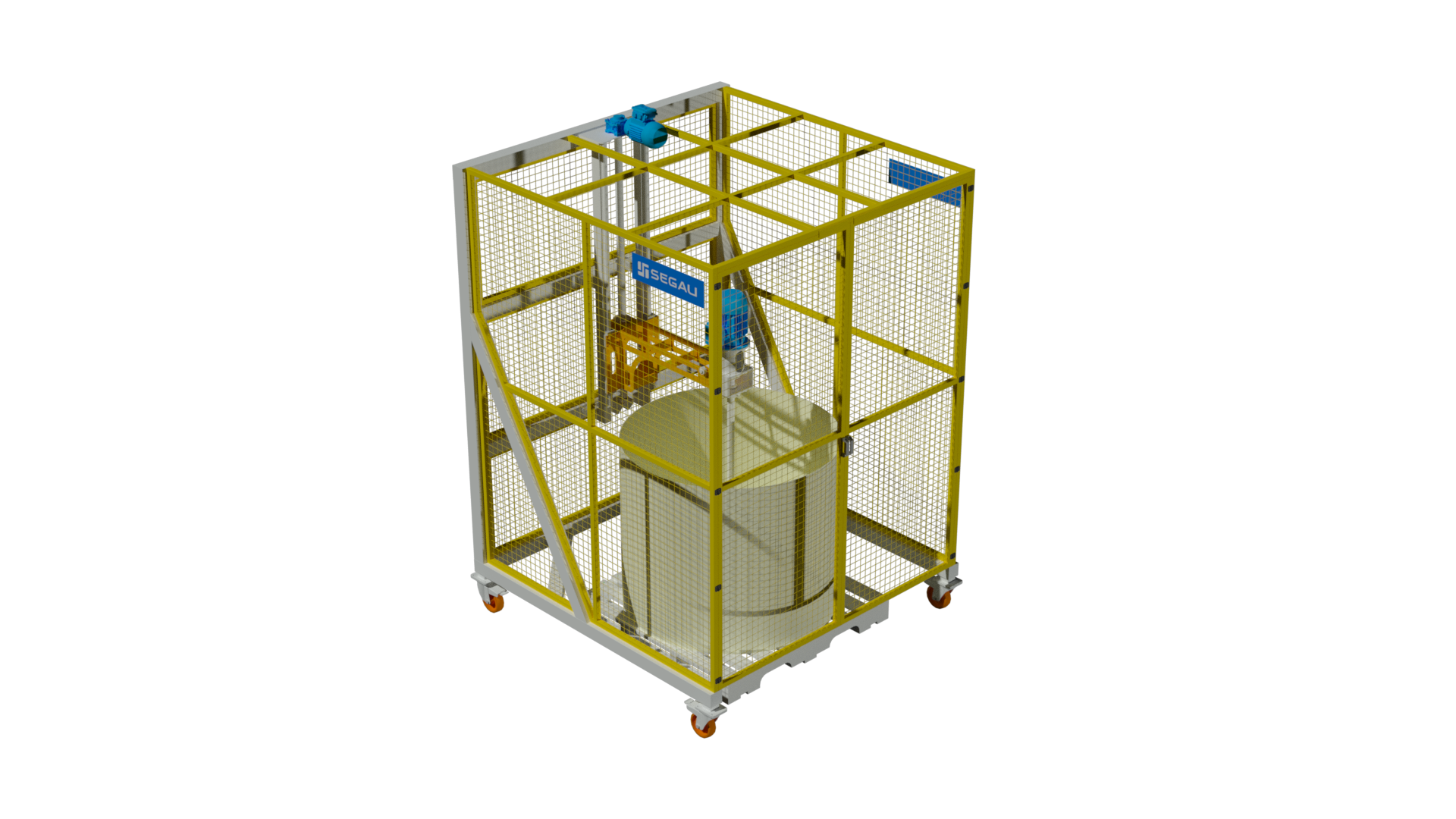Renderização do agitador móvel de esmalte Segau, com estrutura sobre rodas, proteções amarelas e tanque de mistura.