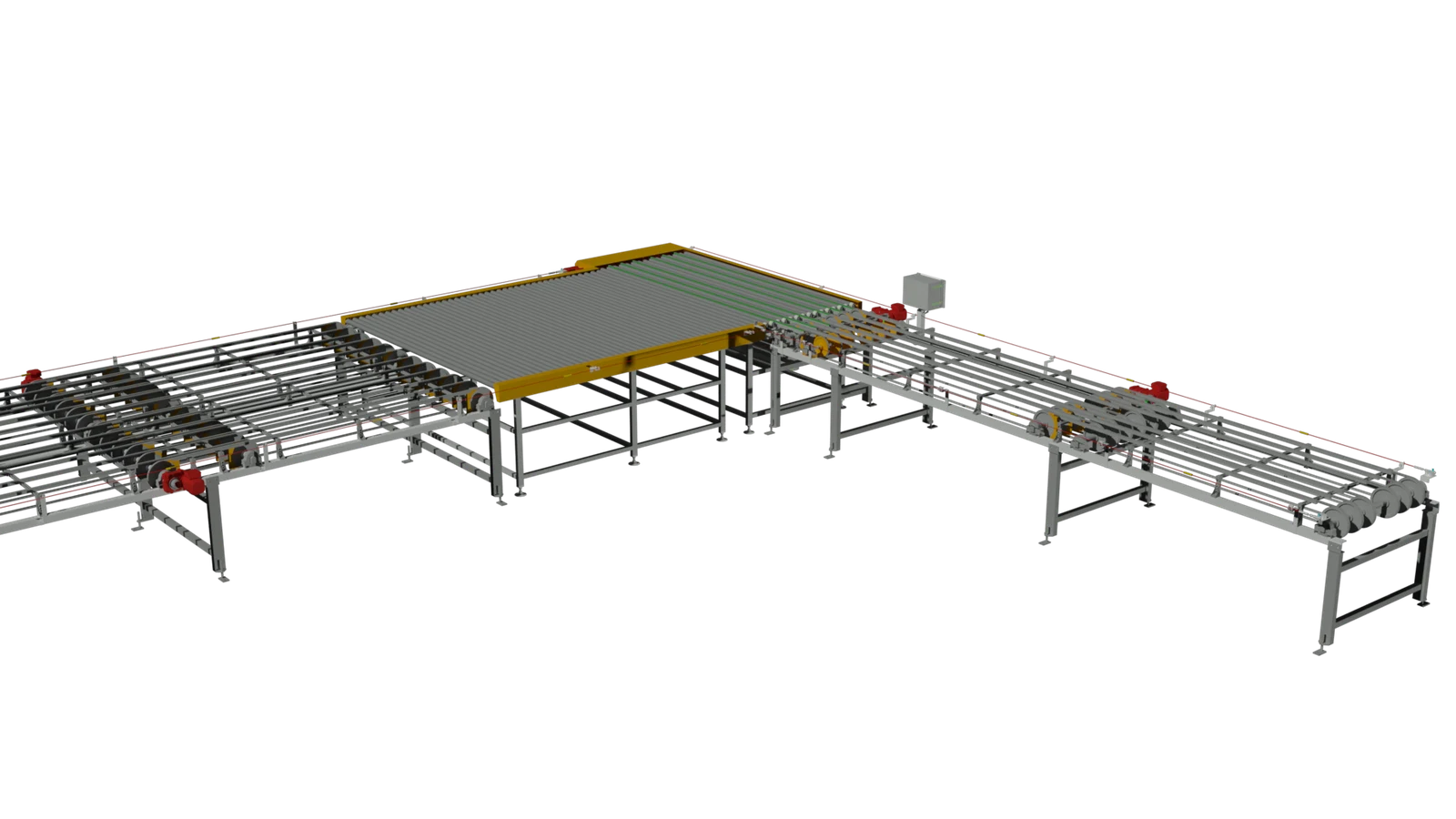 Representação tridimensional de um trecho de transportadores e mesa de rolos, com estruturas de apoio e acionamentos.